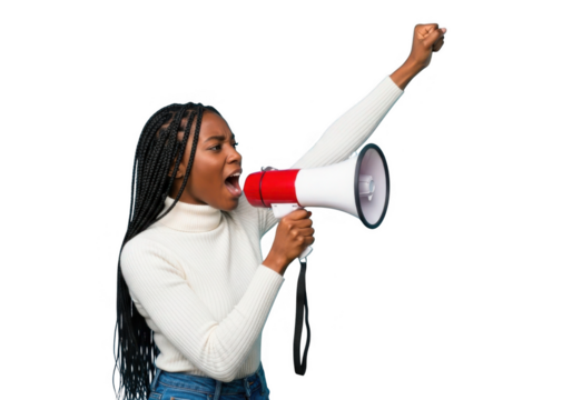 Young woman with braided hair shouting into a megaphone with fist raised isolated on transparent background