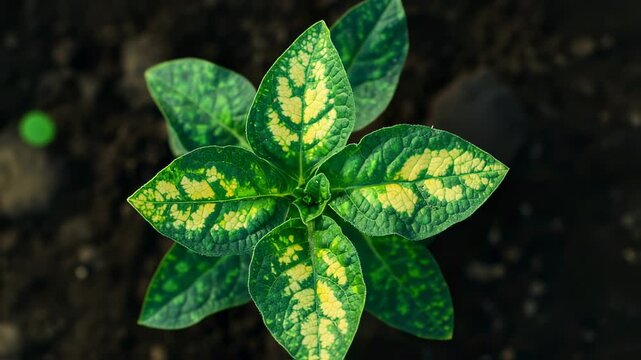 Captivating top-down view showcases vibrant Croton plant in natural outdoor setting with soil