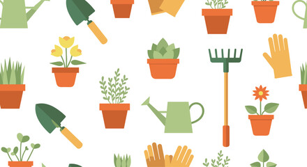 Seamless gardening pattern showcasing vibrant potted plants, watering can, trowel, rake and gloves for wallpaper, fabric, and home decor projects