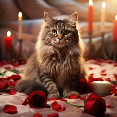 Fluffy cat posing with candles and red roses in dim light