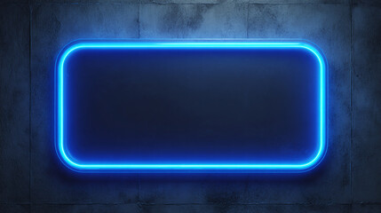 A neon blue light sign glowing on a concrete wall, with a black empty space inside. The sign has a modern design with rounded edges