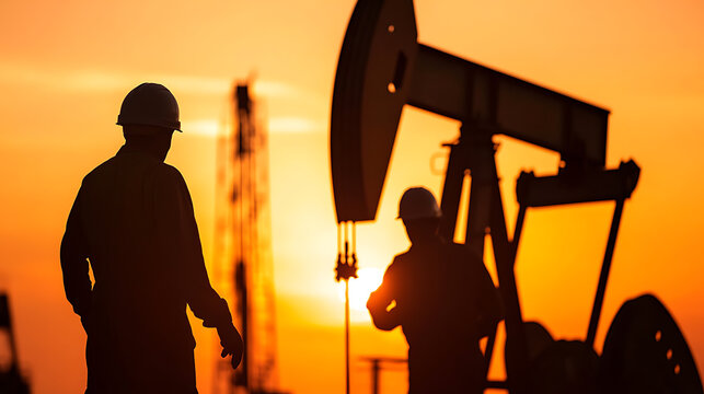 Silhouetted workers stand by a pumping unit silhouetted against a sunset. They are wearing safety helmets, looking like guardians overseeing a well at dusk. The sky is golden.