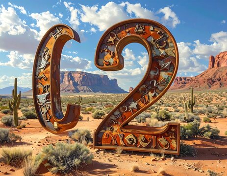 Metallic numbers, textured with items, in desert landscape