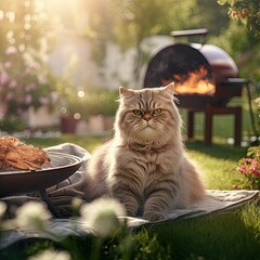 Fluffy cat sitting near barbecue in summer garden