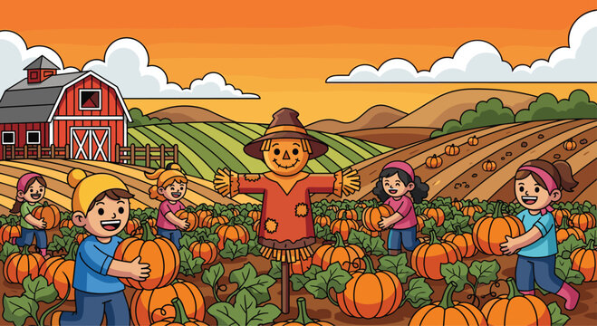 Joyful children harvest pumpkins in a vibrant autumn field with a friendly scarecrow and red barn