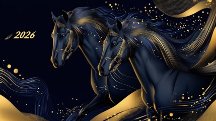 Golden black horse abstract art with metallic waves