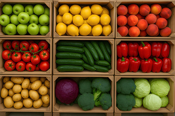 A vibrant arrangement of fresh fruits and vegetables organized in wooden crates, showcasing green apples, yellow lemons, red tomatoes and peppers, cucumbers, potatoes, broccoli, cabbage, and brimming 