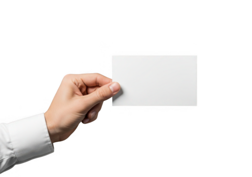 Hand in a white shirt holding a blank white square card isolated on transparent background