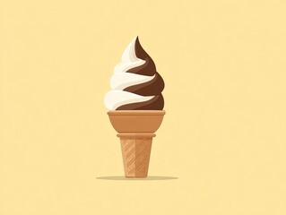 Soft-Serve Ice Cream Cone With Chocolate Vanilla Swirls, Flat Vector Clipart In Pastel Palette, Minimalist Design On Yellow Background.