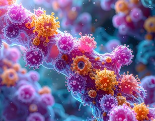 Microscopic close-up of colorful, spiky, spherical virus particles and structures