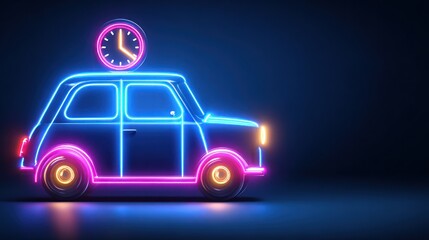 Neon car with clock futuristic illustration for transportation and time
