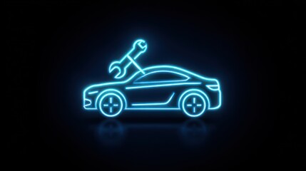 Neon car with wrench icon against black background for automotive concept