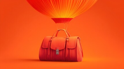 Red handbag symbolizing travel floats under glowing balloon on orange background