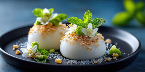 Japanese mochi ice cream on a black plate, showcasing chewy rice dough, creamy fillings and fresh mint and flower garnishes, elegant studio presentation with dark background