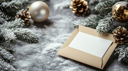 Blank greeting card in an open brown envelope surrounded by snow-dusted fir branches, golden pinecones, and Christmas ornaments, creating a festive holiday scene with copy space