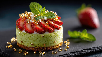 Gourmet matcha sponge dessert with strawberries, whipped cream, meringue and edible gold pearls, plated elegantly for a luxurious, artisanal patisserie presentation