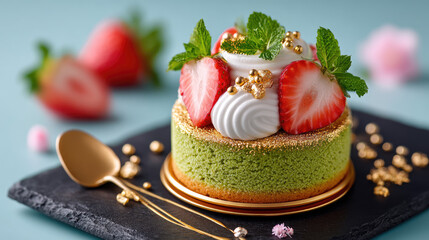 Gourmet matcha sponge dessert with strawberries, whipped cream, meringue and edible gold pearls, plated elegantly for a luxurious, artisanal patisserie presentation