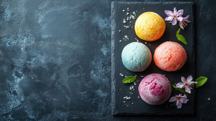 Japanese mochi ice cream balls on black slate, featuring different flavors and delicate floral accents, creating a refreshing frozen dessert presentation