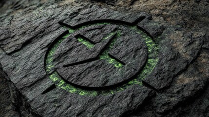 Engraved symbol on stone surface with textured details and luminous accents