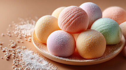 Assortment of pastel mochi pieces and other Japanese wagashi confectionery arranged on a brown surface, creating a minimalist dessert display dusted with powdered sugar and toppings