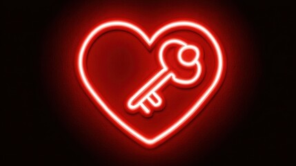 Neon heart with key symbol on black background for romantic design