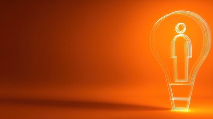 Human figure inside lightbulb bright orange background concept of ideas and innovation