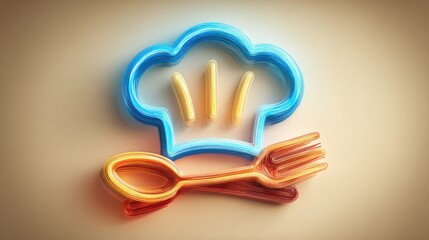 Chefs hat spoon and fork emblem culinary symbol on cream background