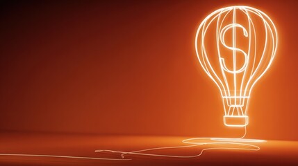 Glowing hot air balloon symbolizing financial growth on orange background