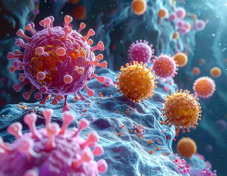 Microscopic depiction of viral particles attacking and invading cells