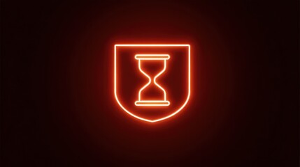Neon hourglass shield icon on dark background for time and security concepts