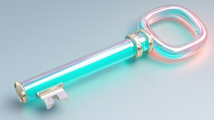 Shiny 3 d rendered key with iridescent glow against gradient background