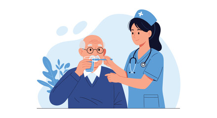 Caring nurse helping senior man with oral hygiene, promoting elderly dental care and health awareness at a clinic or home healthcare setting