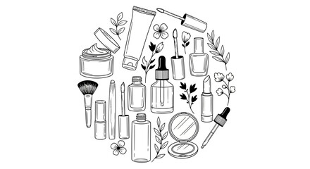 Collection of skincare and makeup products arranged in a circular pattern, featuring creams, serums, lipsticks, and brushes