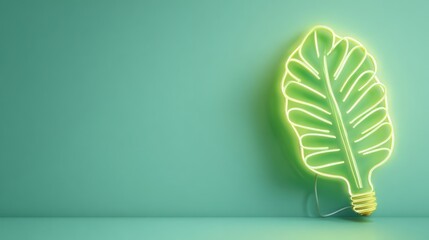 Illuminated leaf shaped light against a green background with copy space