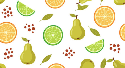 Seamless Fruity Pattern Pears, Oranges, Limes, and Berry Accents for Creative Designs