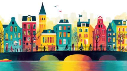 Historic old town illuminated at night, charming streets and buildings with glowing lights, atmospheric cityscape, isolated on white background