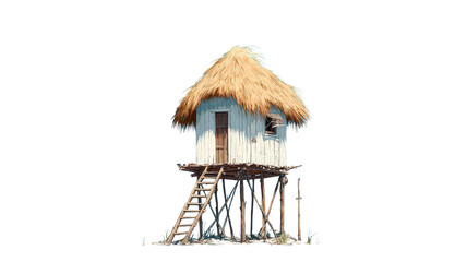 Rustic old wooden house with vintage architecture, weathered exterior and traditional craftsmanship, charming countryside home, isolated on white background