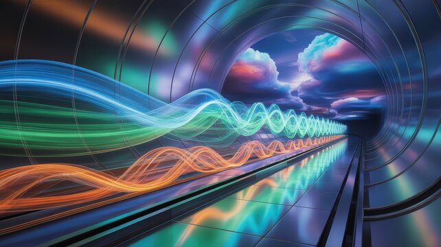 Abstract Futuristic Tunnel with Neon Light Waves and Cosmic Clouds.