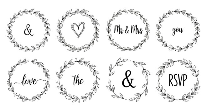 Elegant wedding wreath designs with Mr & Mrs, love, and RSVP elements in a floral style
