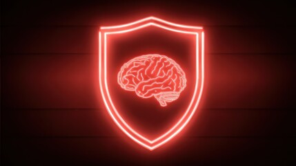 Neon brain shield digital representation of intellect and protection concept