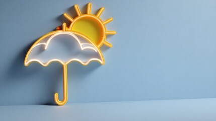 Umbrella with sun and cloud neon sign on blue surface against wall