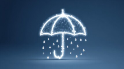 Glowing umbrella icon with raindrops on a dark blue background
