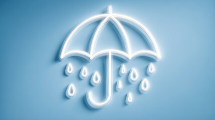 White neon umbrella with raindrops illustration on a light blue background