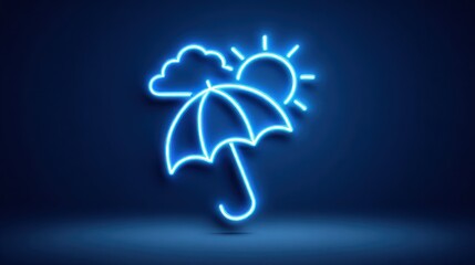 Neon weather icon umbrella sun and cloud on dark blue background