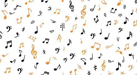 Obraz premium Abstract background with scattered musical notes and symbols in black and orange on white