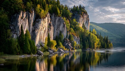 Rose quartz cliffside with ambient soft lighting and mirror lake reflections