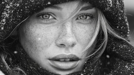 Black And White Cool Season Portrait With Freckles And Snowflakes