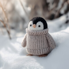 Handmade Amigurumi Penguin In Cozy Knitted Sweater On Snow