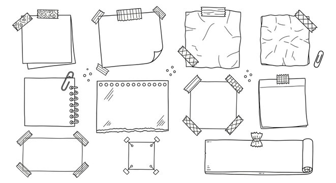 Hand-drawn doodle collection of blank sticky notes, reminder paper sheets, and memo pads with tape and clips. Vector sketch illustration set of notepads