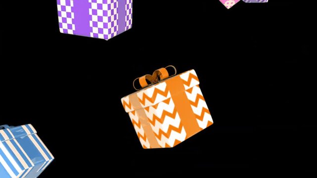 Seamless Loop of Colorful Patterned Gift Boxes Falling on Black Background